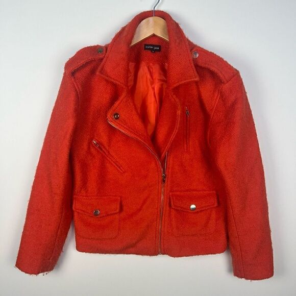 Sister Jane Tweed Boucle Moto Jacket Biker Wool Blend Orange women’s size S - Picture 9 of 9